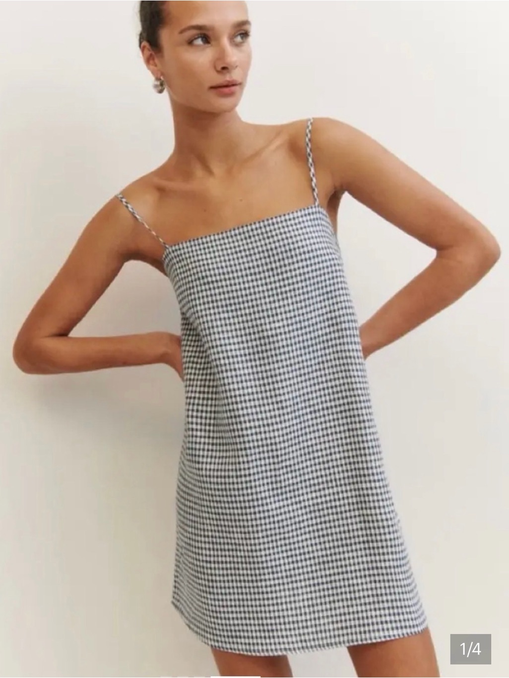 Reformation Aubree Linen Gingham Tie Strap Mini Dress Navy Cream Size M Nwt